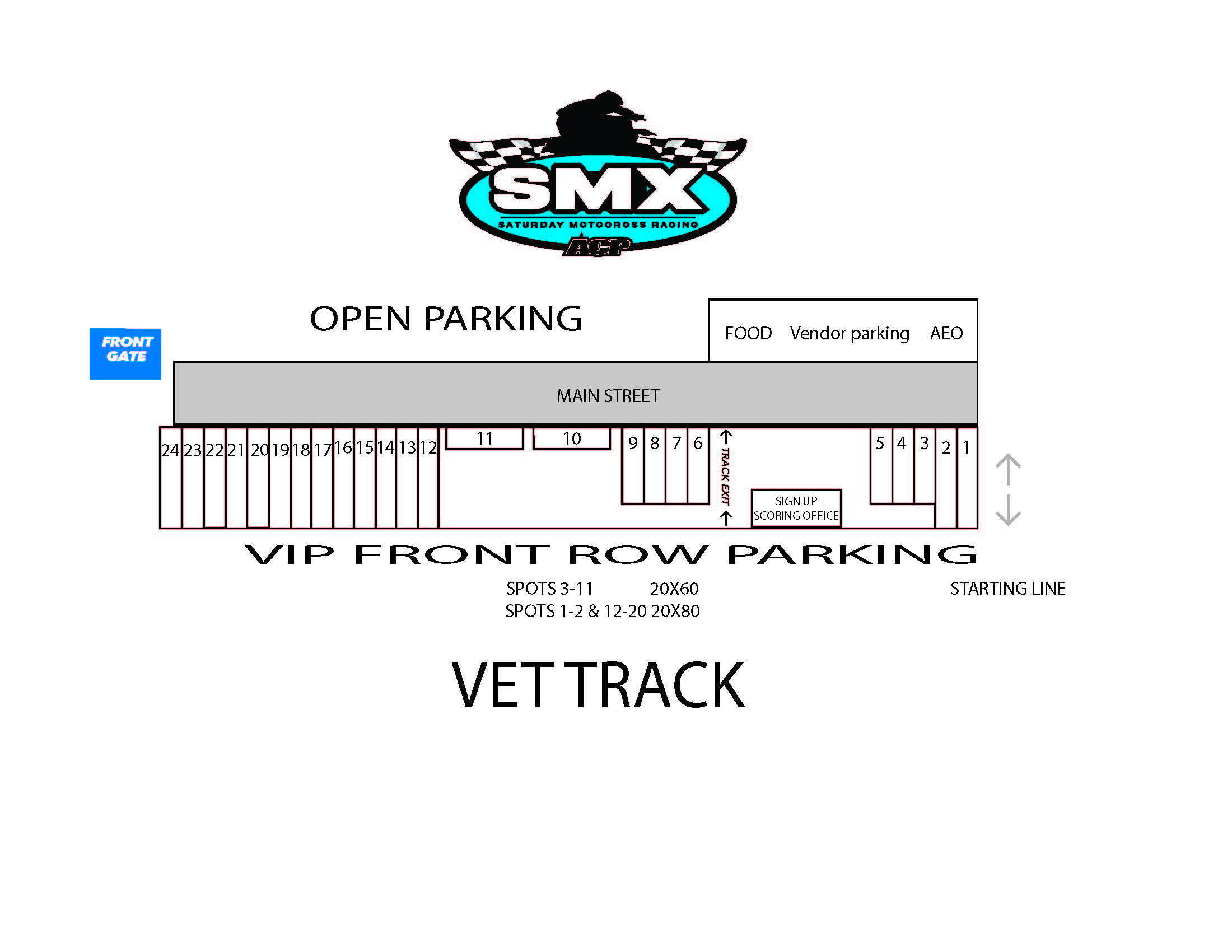 SMX fence-line parking map showing numbered reserved spaces along the Vet Track, front gate, main street, track exit, signup and scoring office, and starting line